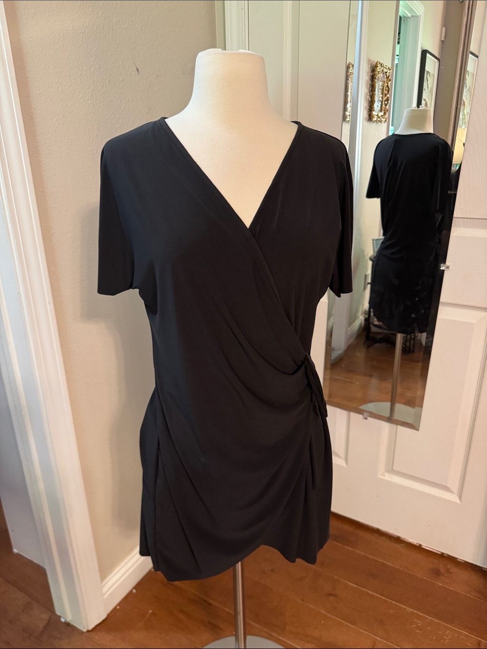 Aqua Green Swim Coverup Black Faux-Wrap Short Sleeve Side-Knot Top